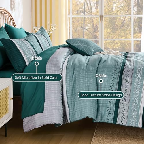 Image of Dintszyayue Teal Queen Comforter Size Set, 8 Pieces Striped Texture Bed in a Bag Bedding Sets, Lightweight Soft Comforter and Sheet Set, All Season Microfiber Teen Boys Bedding Sets for Men Women
