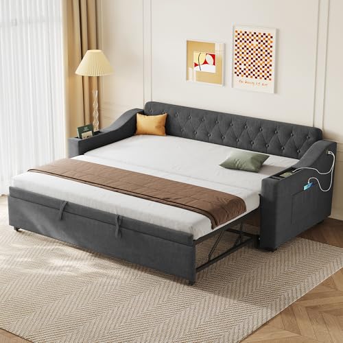 EINHOM Daybed Sofa Bed with Trundle Bed 3FT Upholstered Bed with Charging Station and Armrest Storage Wooden Slats Linen Grey 90x190 cm (No Mattress)