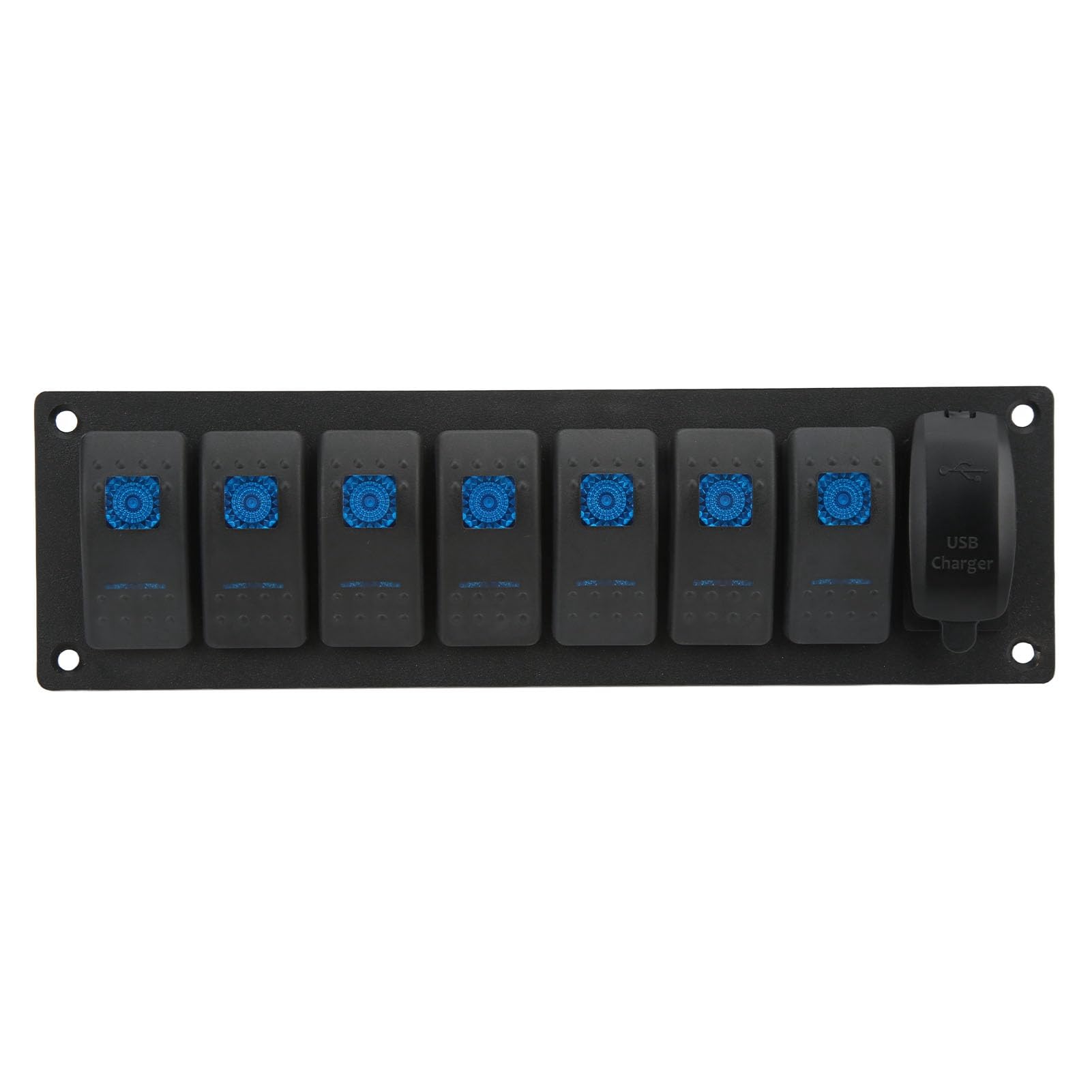 Aramox Panel Przełączników Kołyskowych, Aluminiowy Panel Przełączników Kołyskowych ABS 7 Gang Marine, Wodoodporna ładowarka z Podwójnym Portem USB IP66 Niebieski Podświetlany 12 V 24 V do Samochodu
