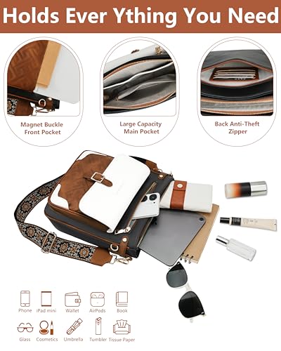 Image of large leather crossbody bags for women,Quilted crossbody purses | RFID Multi-Pocket Womens Crossbody Bag,Travel Purse with Pockets,Structured Cross Body Purse,Fits 10.9 inch iPad,Gift