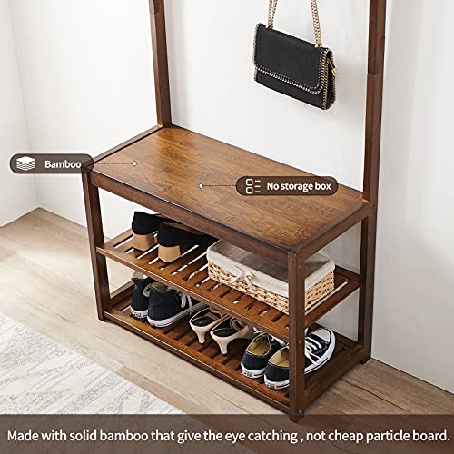 Seirione Bamboo Coat Rack Shoe Bench, 5 In 1 Design Hall Tree Entryway Storage Organizer For Mudroom, Hallway, Foyer Etc, 10 Double Hooks, 1 Top Shelf, Easy Assembly, Vintage #TOP2