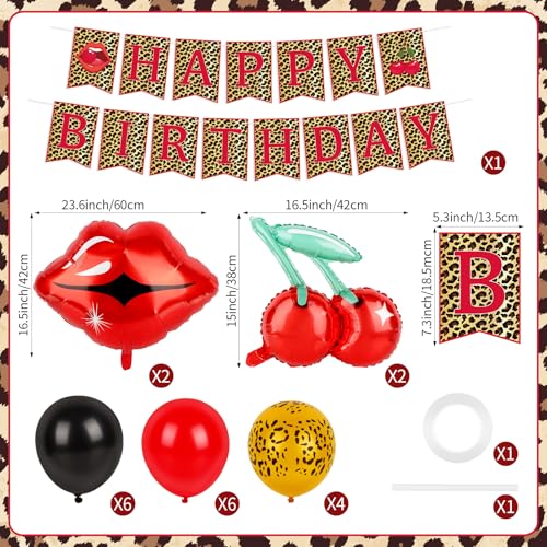 Image of Hooqict Cheetah Prints Birthday Decorations Cherry Leopard Birthday Banner with Balloons for Girls Women Red Black Cheetah and Cherry Party Decorations