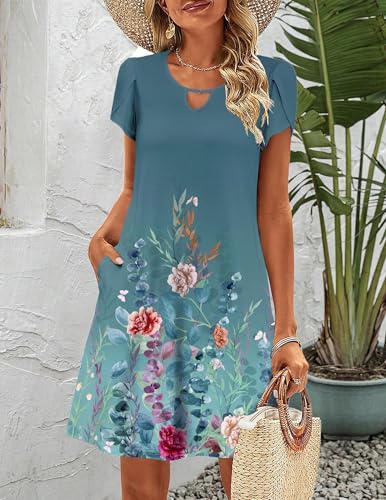 Image of Zeagoo Women's Casual A-Line Dresses with Pockets Summer Floral Tshirt Dress Short Sleeve Mini Dress Flowy Sundresses