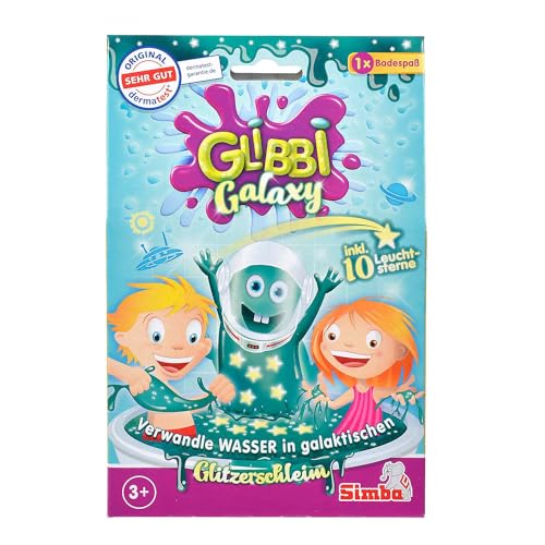 Simba 105953492 Glibbi Galaxy, Juguete para bañera, Convierte el Agua en Purpurina galáctica, 150 g, con 10 Estrellas Que Brillan en la Oscuridad, diversión para el baño, a Partir de 3 años