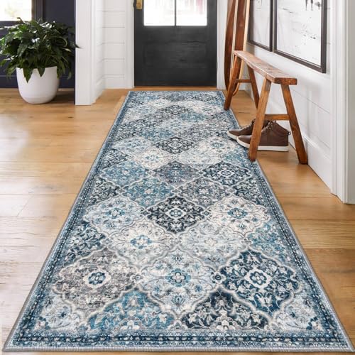 KILOCOCO 2.6x8 Runner Rug, Moroccan Super Soft Washable Hallway Entryway Rug, Accent Print Faux Wool Kitchen Rug 8 Ft Non-Slip Boho Carpet for Laundry Bedroom, Blue/Multi