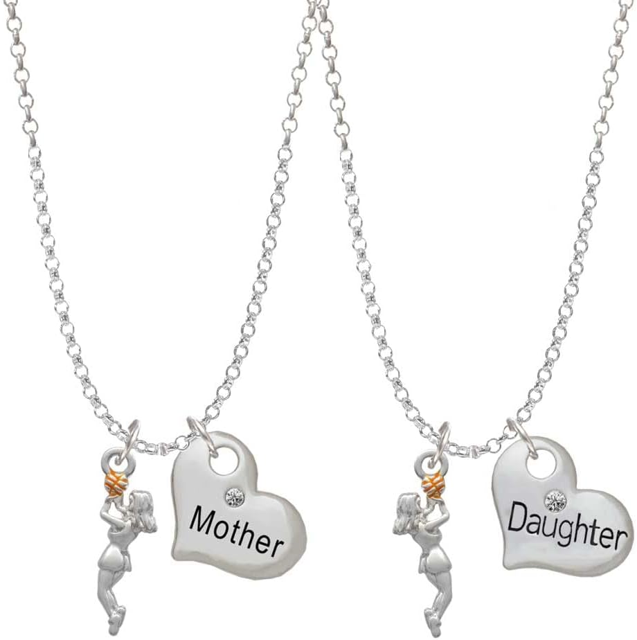 Delight Jewelry Silvertone Basketball Player Girl Mother & Daughter Heart Necklaces (Set of 2), 19"+2"