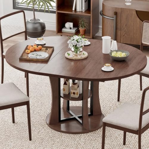 VAXZOFI Extendable Round Dining Table for 4-6-8, 43.3-59in Expandable Kitchen Table with Storage Shelf, Space Saving Circle Oval Dining Table with Leaf for Kitchen, Dining Room, Walnut