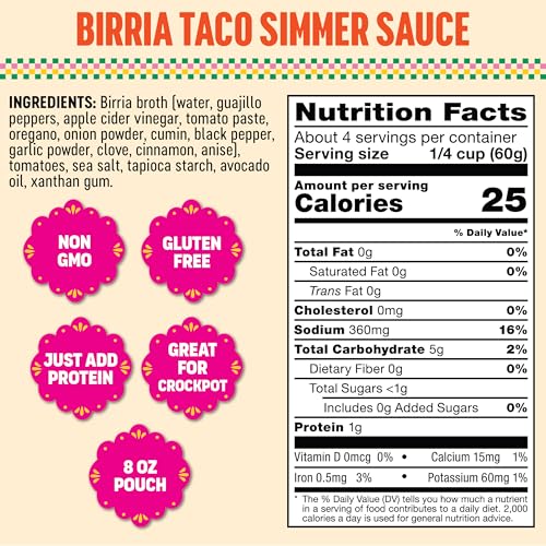Image of SOMOS Birria Simmer Sauce - Taco Sauce with Guajillo Peppers, Tomatoes, & Mix of Spices - Gluten Free - Plant Based - Non-GMO - All Natural - Great for Beef, Chicken, & More - 8oz (6 Pack)