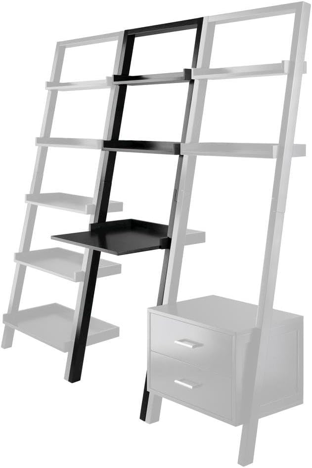 Black Leaning Ladder Desk with Shelves, Wall Desk Computer Table in Solid and Composite Wood for Compact Home Office and Study Spaces