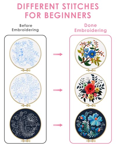 Image of TINDTOP 3 Sets Embroidery Kit for Adults, Floral Embroidery Practice Kit | for Beginners Include Embroidery Cloth Hoops Threads for Craft Lover Hand Stitch with Embroidery Skill Techniques