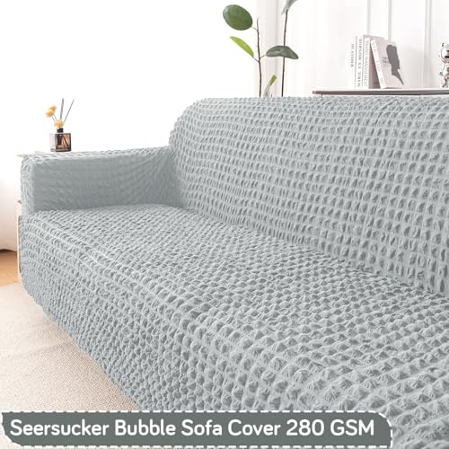Image of HOKIPO 'Aria Nova' Elastic 280 GSM Stretchable 3 Seater Bubble Sofa Cover, Light Grey (NEW-AR-6210-LGRY)