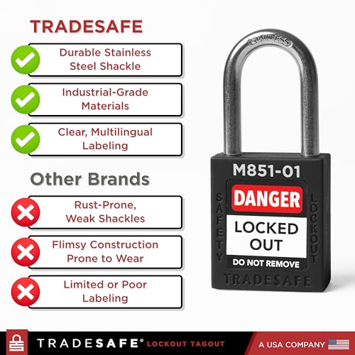 Image of TRADESAFE Lockout Tagout Locks Set with Master Keys - 10 Black Loto Locks Keyed Different, OSHA Compliant Lock Out Tag Out Padlocks for Lockout Tagout Kit, 2 Keys Per Lock