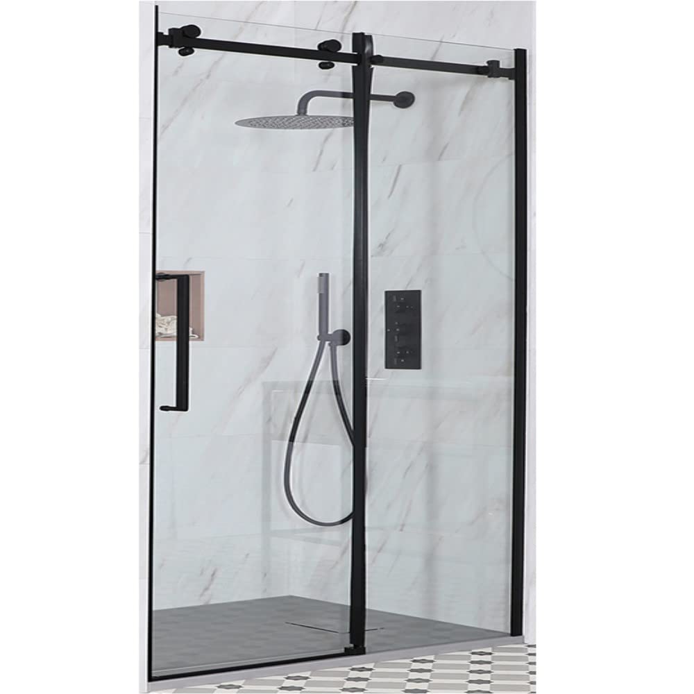 Milano Nero Black Frameless Sliding Door Shower Enclosure Light Grey Tray - 1500 x 900mm