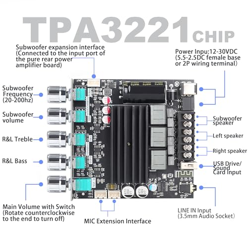 Image of ZK-ST21 TPA3221 Bluetooth Power Amplifier Board with Subwoofer 2.1 Channel 100Wx2+200W, 12V-30V Audio Power Amplifier Module with Treble and Bass Control