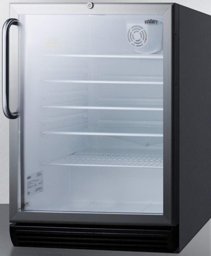 Summit Appliance SCR600BGLTBADA Commercially Listed ADA Compliant 5.5 Cu.Ft. Freestanding Beverage Center with Glass Door, Auto Defrost, Professional Towel Bar Handle, Lock and Black Cabinet