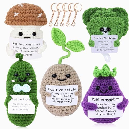 Positive Potato Crochet Doll,5PCS Emotional Support Pickle Cucumber, Encouragement Support Vegetables Mushroom Cabbage Knitted Dolls with Positive Card,Stress Relieving Knitting Doll Decor Keychain