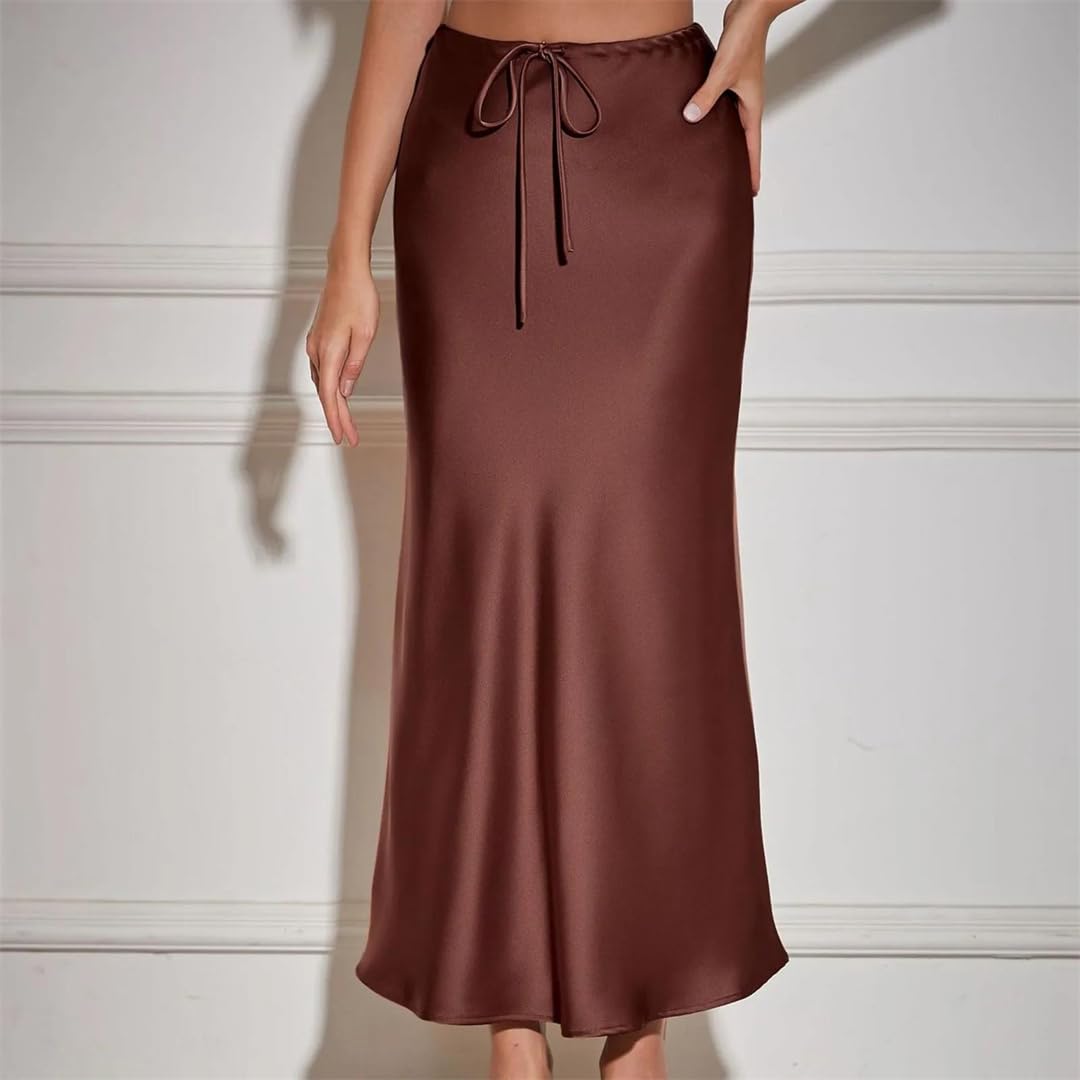 Jupe en satin solide pour femme - Taille haute - Cordon de serrage - Ourlet évasé - Jupe légère