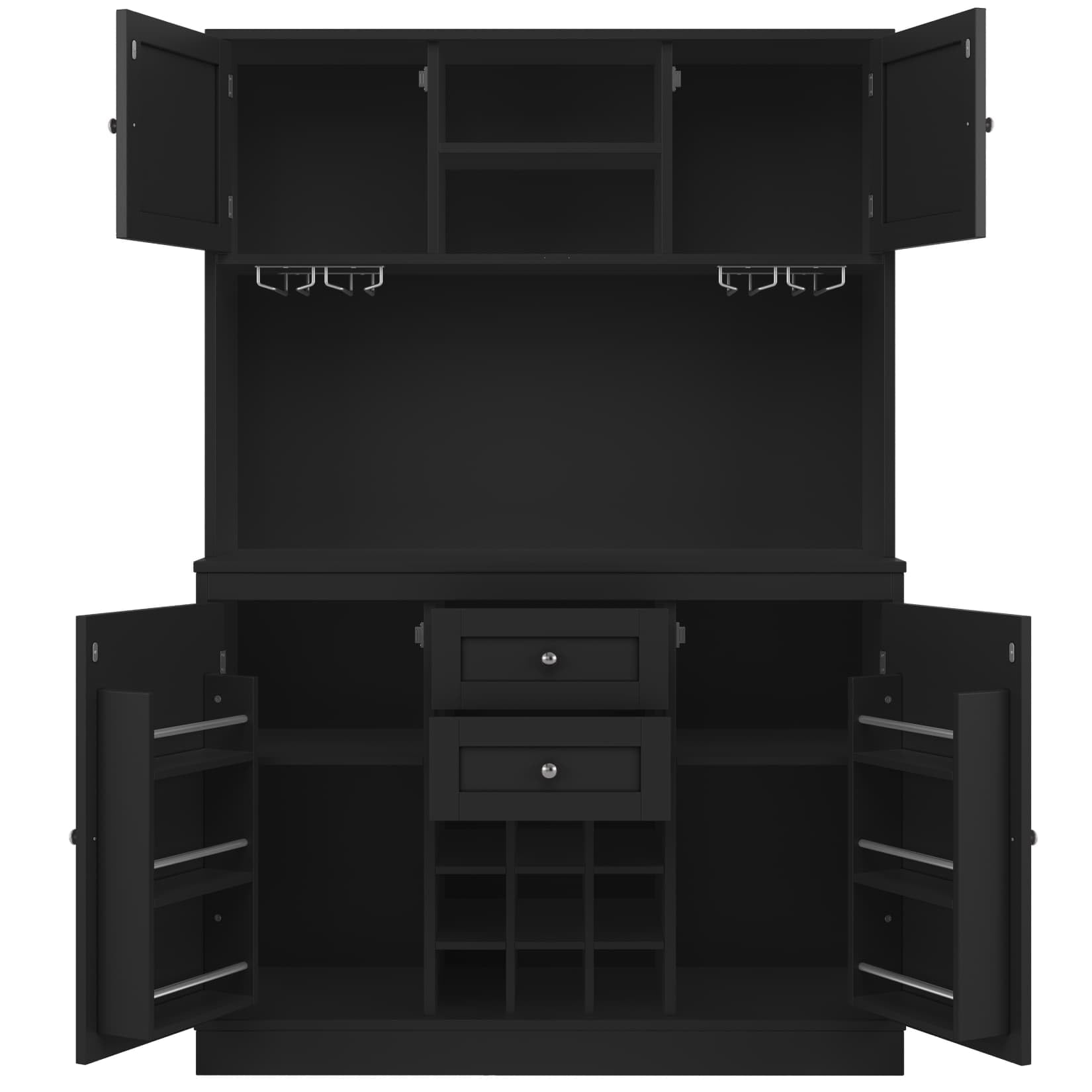 PUGSDRLY Buffet de Cuisine avec 4 Portes et 2 Tiroirs,Meuble de Rangement avec étagères réglables et casier à vin,Buffet Haut pour Cuisine,Salon et Salles à Manger,120x40x188cm (Noir)