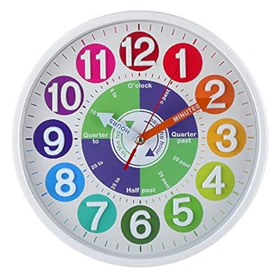 CIGERA 12 Inch Educational Wall Clock for Kids with Silent Movement and 3D Numerals,Great Learning Clock for Kids,Nice Wall Decor for Classroom, Playroom and Kids Bedroom,White