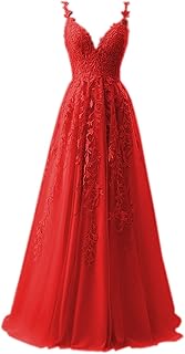Lace Applique Tulle Long Prom Dresses for Women Elegant Princess A Line V Neck Formal Evening Gown - Buy now