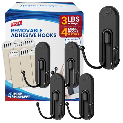 Image of TAILI Adhesive Double Hooks for Hanging, 4 Coat Hooks & 6 Strips, Black