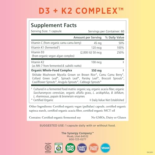 PURE SYNERGY D3 + K2 Complex | Vegan Vitamin D3 K2 Complex | Organic Vitamin D3 Supplement with Vitamin K2 and K1 Plus Organic Whole Foods | Supports Bone, Brain, and Immune Health (60 Capsules)
