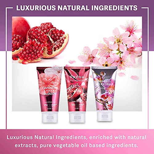 Vital Luxury Hand &Body Cream Gift Set,Hand Lotion Set Deeply Moisturizing For Rough Hands, Best Gift Ideas For Women,Travel Size (3X2.5 Oz) (Fresh Pomegranate +Japanese Cherry Blossom + Roman) #TOP4