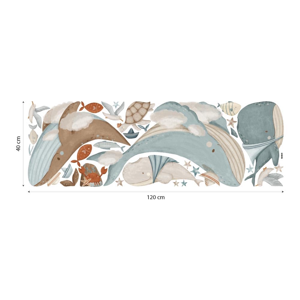kina - Adesivo Murale Bambini Decorazione Parete Cameretta R00801 - Materiale Eco-Tessuto, Ecologico Anallergico, Riposizionabile, Effetto Carezza, Asilo Nido - Grafica Mare e Misura 120x40 cm