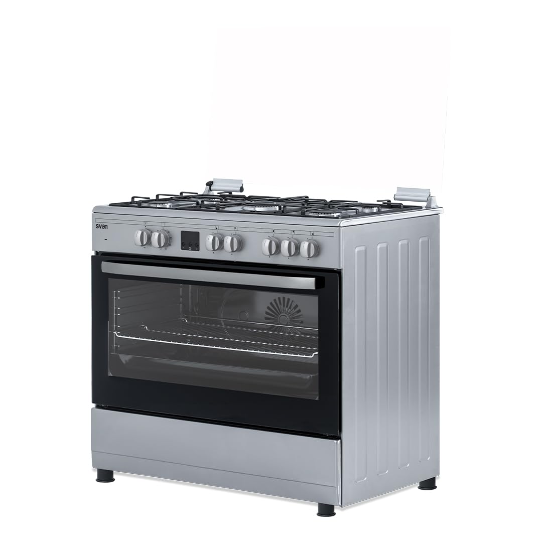 Svan Cocina Mixta gas Butano 5 Zonas de Cocción, Horno 97 L, Inox SKMW5901X. Control Manual, Quemador WOK triple llama, 9 Programas de Cocción, Tapa Abatible
