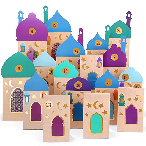 Encham Ramadankalender zum Befüllen 30 STK Papiertüten aus Kraftpapiert Ramadan deko Eid Mubarak DIY Geschenktüten muslimischen deko Islam zuckerfest deko Cover