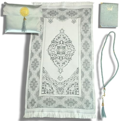 Luminoza Tapis de Prière en Argent - Coffret Cadeau Musulman avec Livre et Sac à Emporter - Décoration Islam Noir - Ramadan