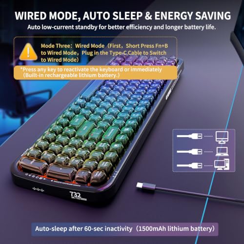 Image of FOPETT Wireless Computer Keyboard with RGB Backlit, Tri-Mode Bluetooth 5.0 /USB-C /2.4GHz Ergonomic Gaming Keyboard - Full-Size Rechargeable Transparent Keycap for Laptop /Windows /PC - Black