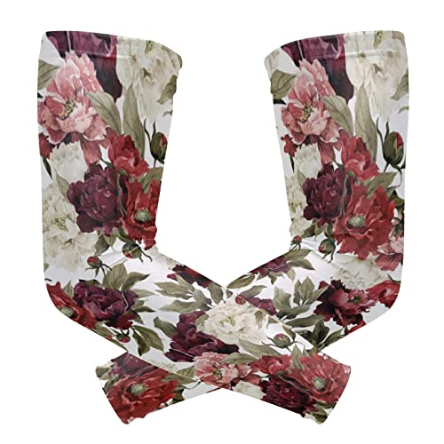 Floral White Red Roses with Green Leaves Seamless on White 1 Pair Cooling Sports Arm Sleeves, Cover Uv Sun Protection Warmer for Sports Men Women Running Golf Cycling Riding Jogging