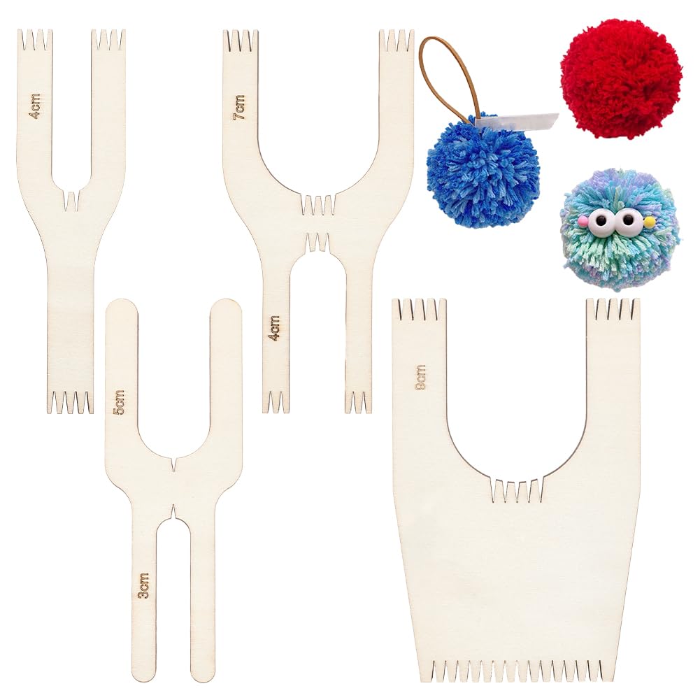 BENECREAT4 Sizes Wooden Pompom Maker, 14 x 4/5/7/9 x 0.75 cm Wool Ball Making Tool Fluff Ball Manual Knitting Tool Simple Plush Ball Maker for Yarn Crochet Knitting