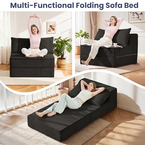 Image of Erament Folding Sofa Bed, 8 inch Convertible Sleeper Sofa Fold Out Chair Bed with Pillow, Portable Floor Couch Lounge Sofa for Living Room Bedroom Guest Room, Black