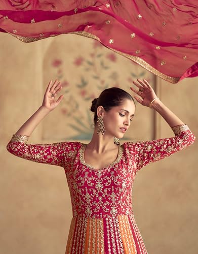 Image of Miss Ethnik Women's Pink Chinon Stitched Gown with Dupatta 3 /4 Sleeve Embroidered Anarkali Gown (ME-1231)