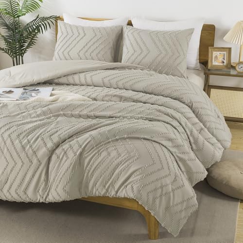 Image of Andency Oatmeal Oversized King Comforter Set, Boho Soft Warm Tufted Neutral Bedding Comforter Sets, 3 Pieces Aesthetic Chevron Farmhouse Cute Bohemian Textured Bedding Set