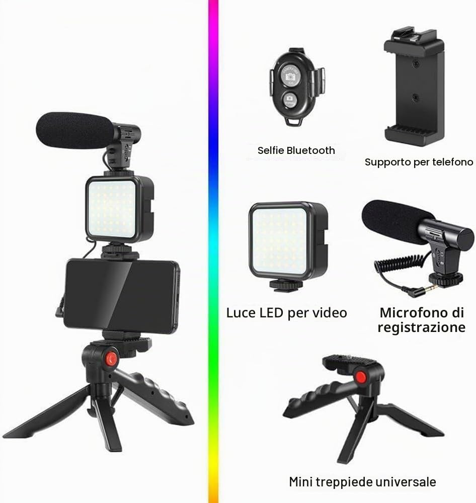 Kit video per smartphone professionale, kit per telefono, include luce LED, microfono, supporto e treppiede, compatibile con iPhone, Android, Youtube, TikTok, Vlog, Live Streaming