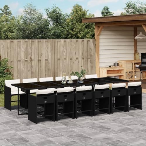 Image of 12-Piece Patio Dining Set with Black Poly Rattan and Cream White Cushions, Outdoor Furniture for Garden and Terrace, Durable Weather-Resistant Seating with Steel Frame