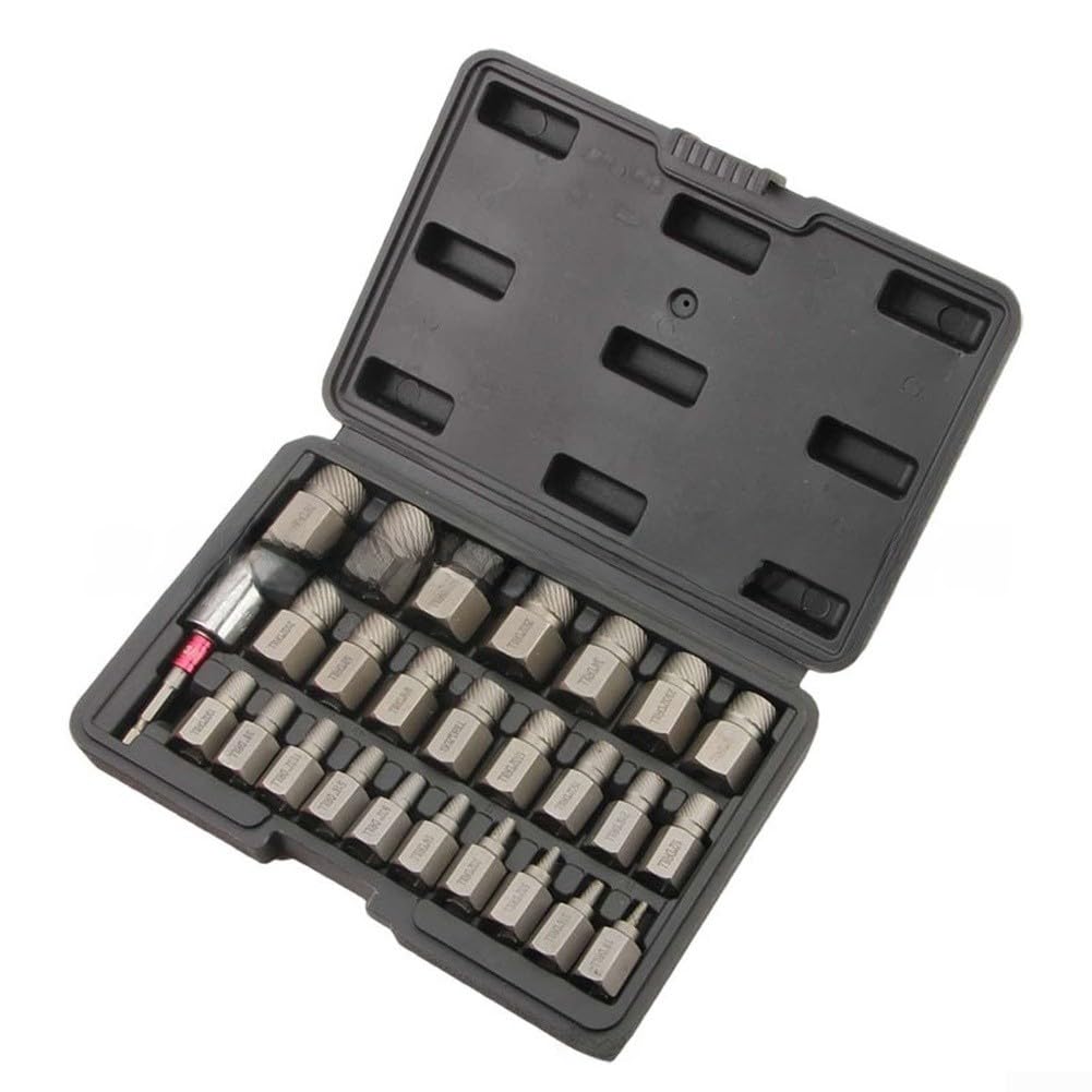 Set di 27 estrattori per viti anti-rotazione per rimuovere viti e bulloni rotti, in acciaio temprato codificato a colori, con custodia, per officina fai da te automobilistica