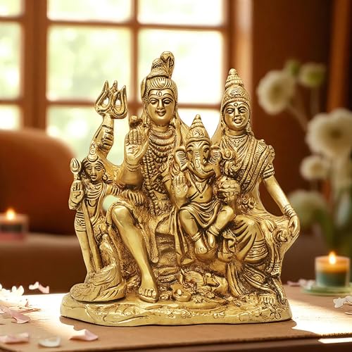 Image of SHANTI Brass Shiv Parivar Murti for Home Puja, Shiva Parvati Statue with Family, Idol for House Warming Gift & Decor (SF2677)