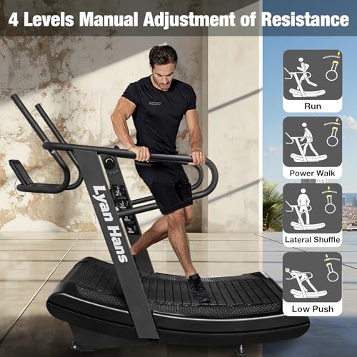 Image of Curved Manual Treadmill, Non-Electric Curve Treadmill with 4 Resistance Levels, Self-Generated Air Runner with LCD, Commercial Motorless Treadmills for Home Gym, 450LBS Capacity