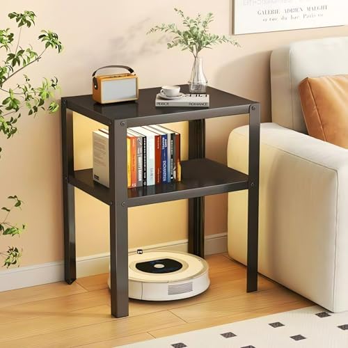 Modern Side Table with Storage Shelves Multi-Purpose Bedside Table 37x28x45 cm Space-Saving Nightstand for Bedroom Living Room C169 (Black)