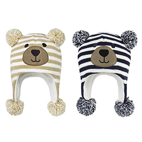 Zando Baby Hats Toddler Kids Infant Winter Caps Newborn Fleece Lined Hat Earflap Knit Warm Beanie for Baby Boys Girls Navy Bear&Biege 2-4 Years