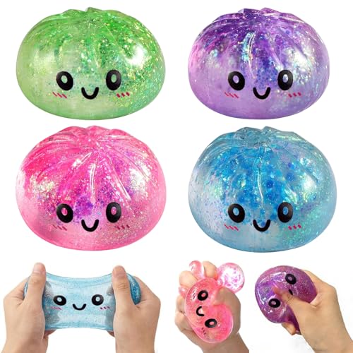Dumplings Squishy, Glitter Dumpling Squishy, Juguetes Antiestrés para Adultos Y Adolescentes, Squishies Dumpling Set para Aliviar El Estrés Sensory Play Fidget Toy (Azul, Rosa, Verde, Morado)