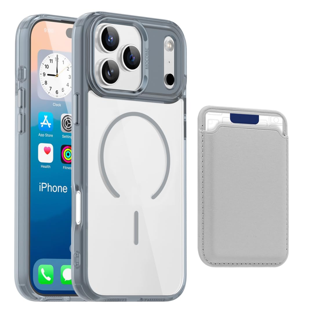 Custodia in pelle con porta carte magnetico, ricarica wireless e cover rigida ibrida opaca per iPhone 17 Pro Max (per iPhone 17 Pro Max/grigio)