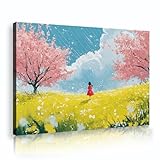 ロマンチックなガーデンウォールアートポスター桜の雨と赤いドレスの女の子キャンバスプリントホームリビングルームベッドルームオフィス装飾20x28cmインナーフレーム