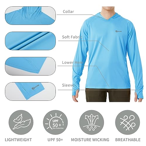 Men's Standard UPF 50+ Hoodie Rash Guard Shirt Long Sleeve with Thumb Holes Moisture Wicking Quick Dry Fishing Running Hiking, Blue, Small4