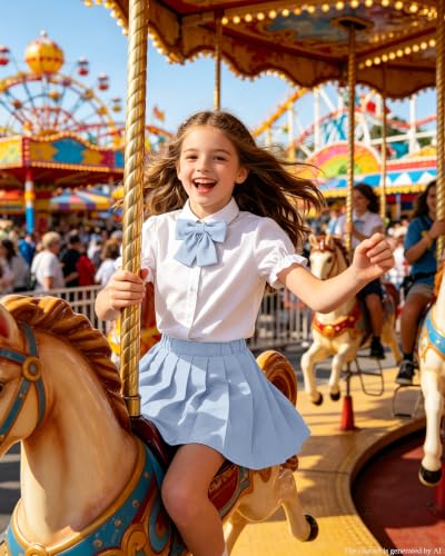 Image of Betusline Girls Skirt Set JK School Uniform 2-Piece Outfit - Short Sleeve Shirt with Bow & Pleated Skirt 4T-14Y