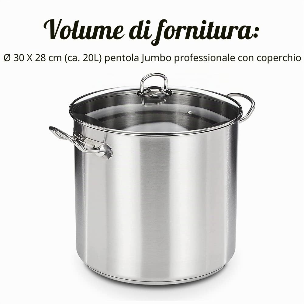 GSW 643474 pentola jumbo professionale con coperchio in vetro 30x28 cm/ca. 20,0 litri, acciaio inossidabile, argento, 30 cm